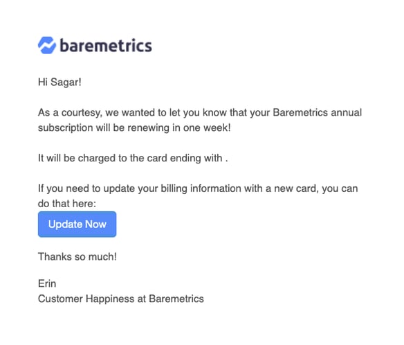 Baremetrics annual subscription renewal email